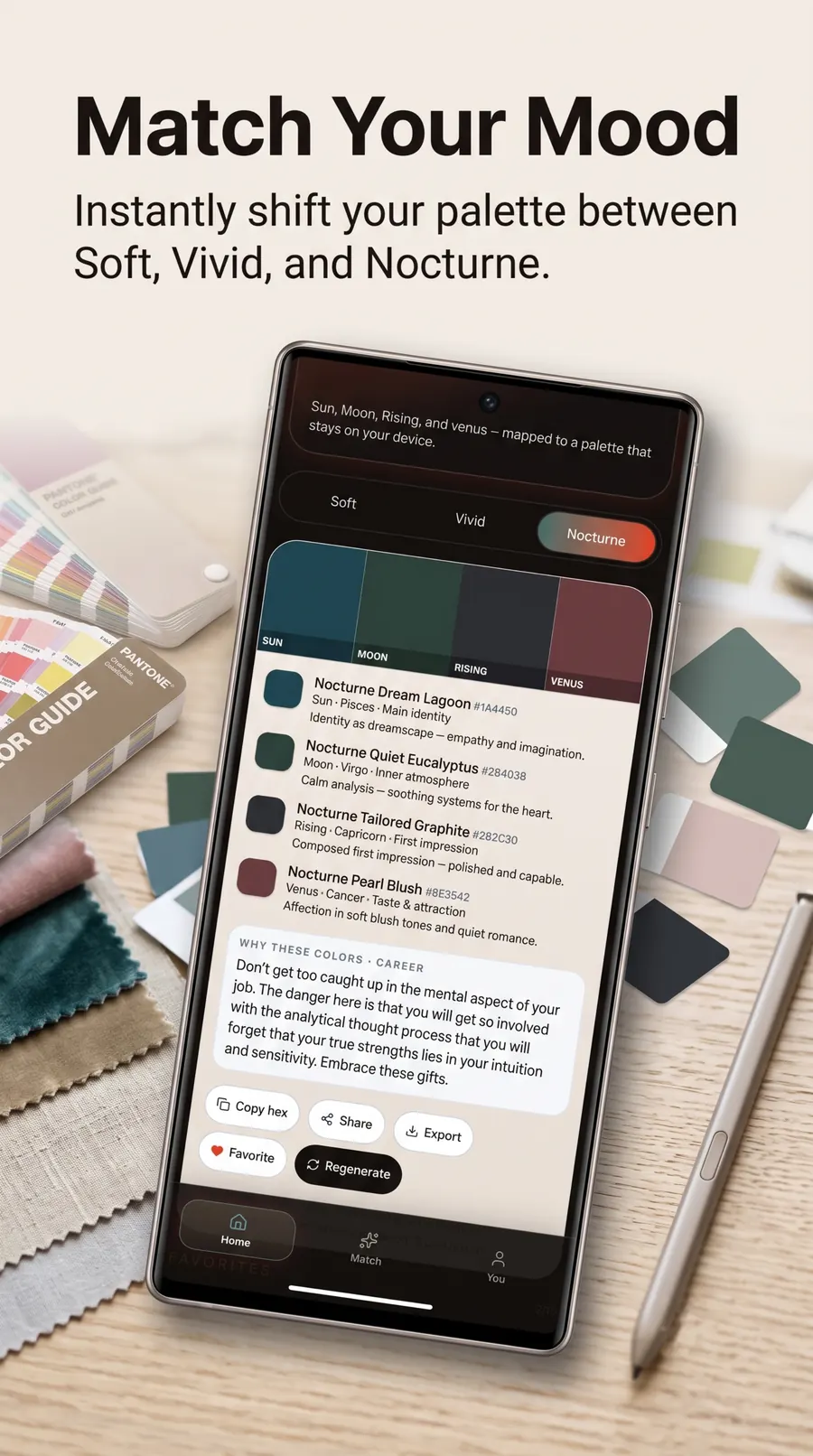 PaletteNova Nocturne mood on a phone, with dark Sun, Moon, Rising, and Venus swatches, hex codes, and Copy hex, Share, Export, Favorite, and Regenerate controls.